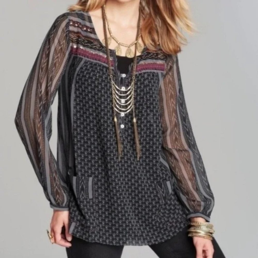Free People Feather in the Wind Grey Sheer Long Sleeve Boho Blouse